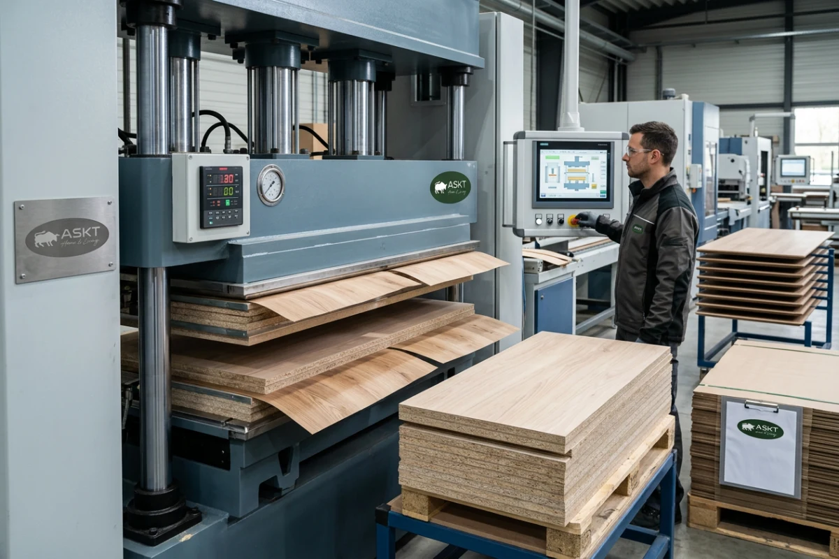Industrial hydraulic hot pressing machine bonding veneer sheets onto dining tabletop core panels.