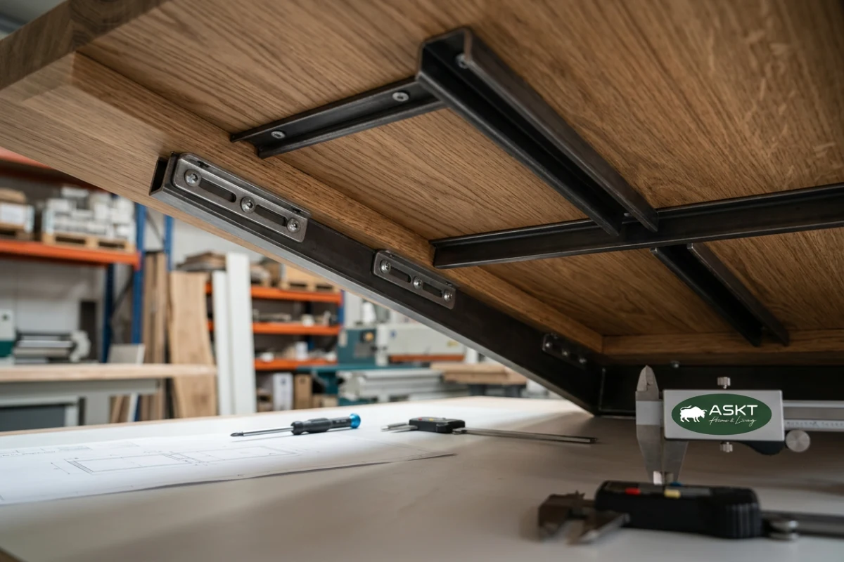 Underside of a dining table top featuring embedded steel C-channels and slotted screw holes for expansion allowance.