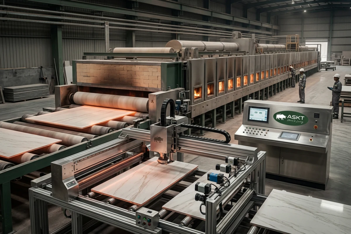 Industrial roller kiln firing sintered stone slabs at over 1200 degrees Celsius