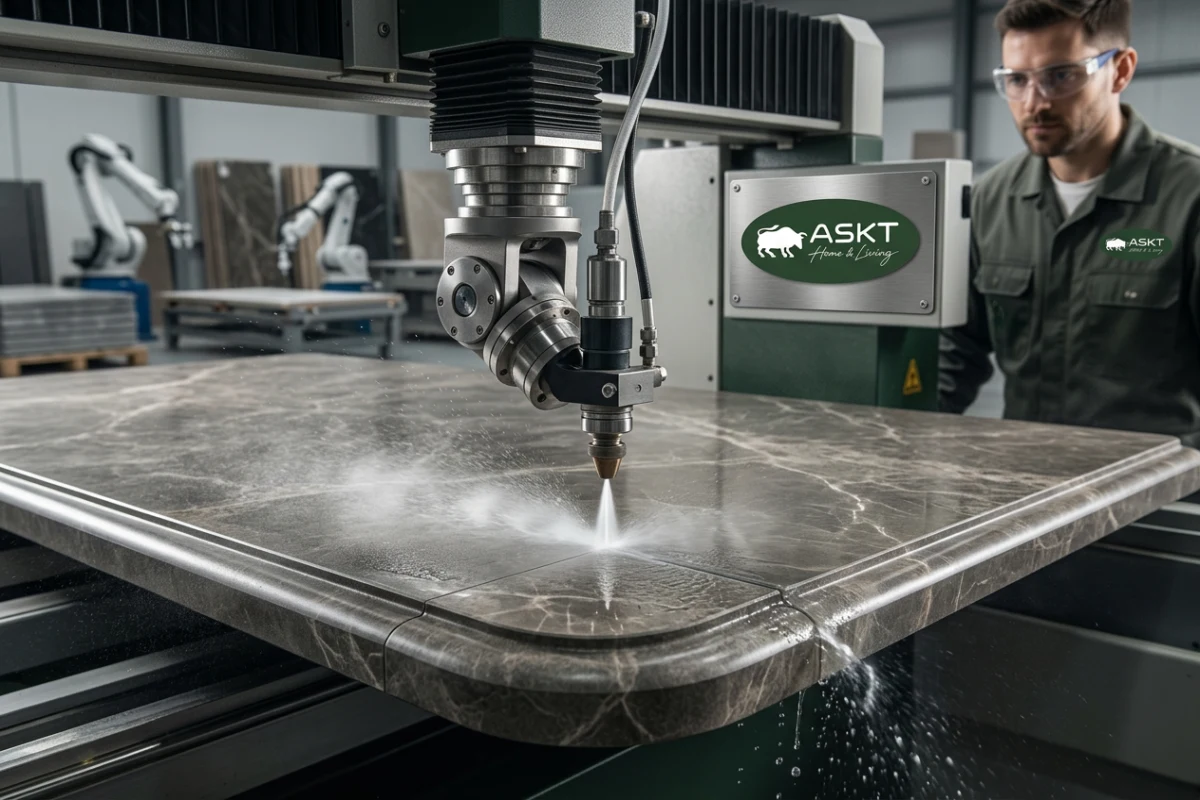 Precision CNC waterjet cutting and edge profiling of a sintered stone tabletop