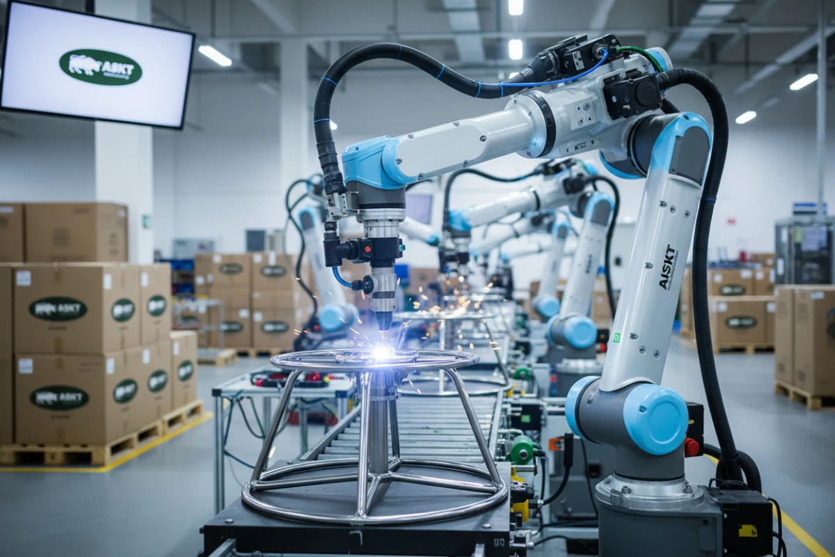 Robotic welding arm assembling a steel swivel mechanism in a compliant manufacturing factory.