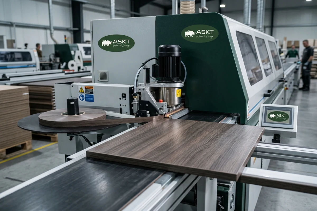 Factory edge banding process using PUR adhesive to prevent HPL table edge delamination