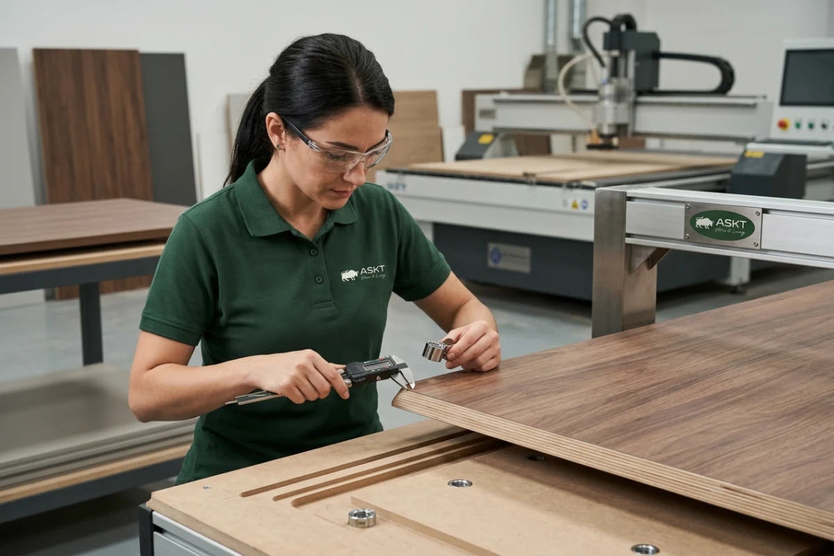 B2B dining table quality inspection technician checking HPL tabletop edge sealing and core integrity