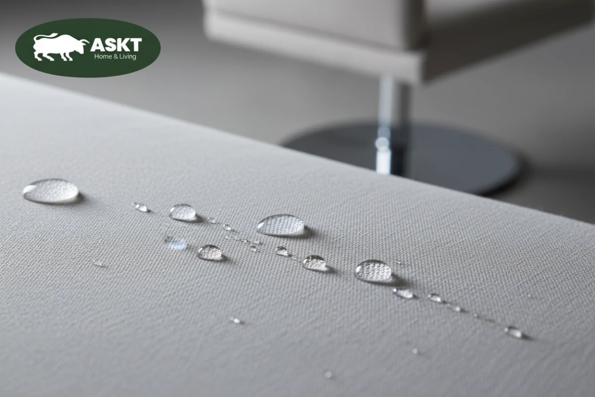 Water repelling off the surface of stain-resistant technical dining chair fabric.