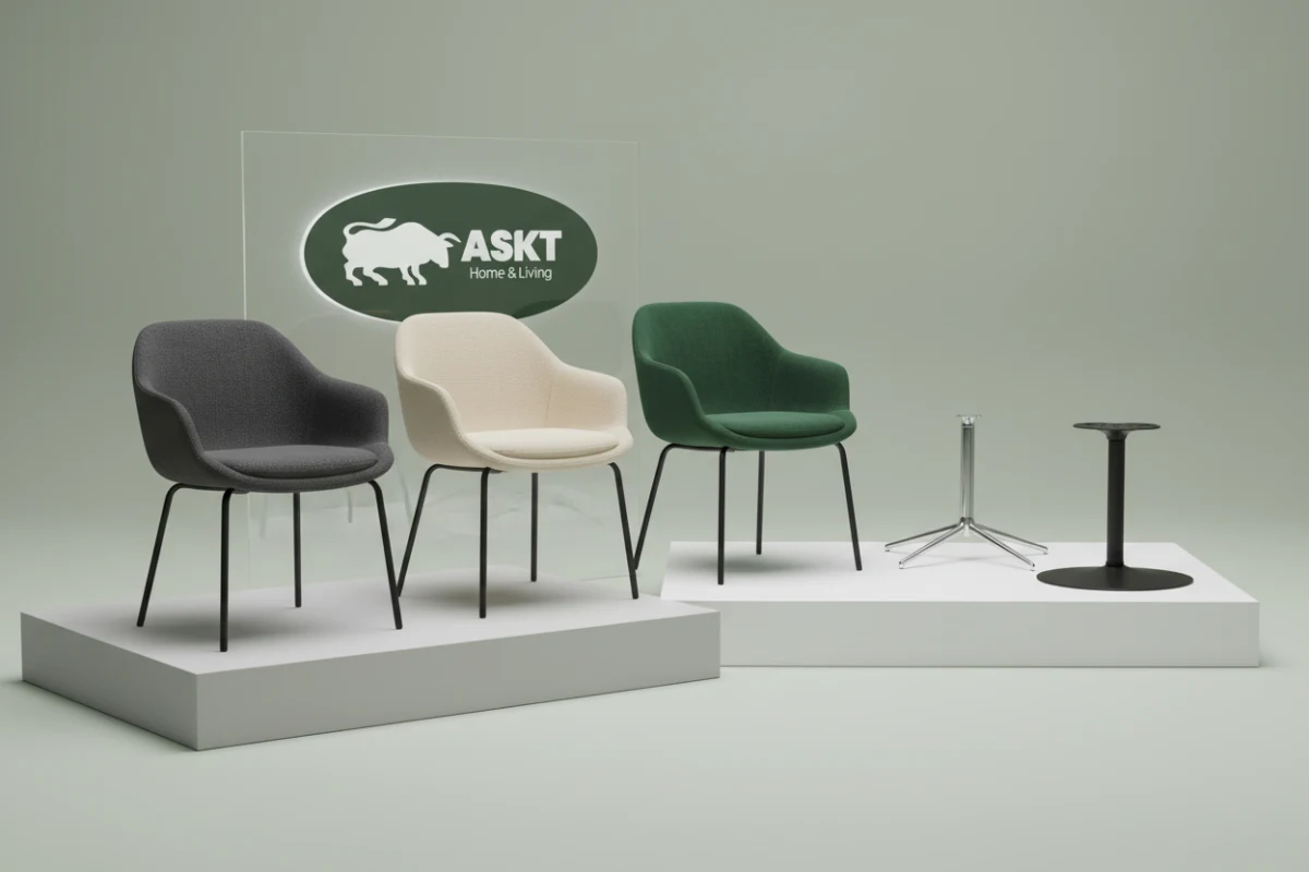 Graphic representation of a modular dining chair assembly system showing interchangeable seats and swivel bases.