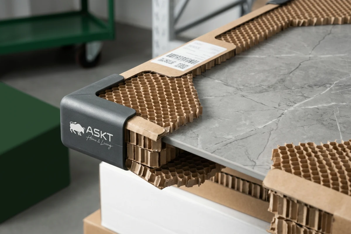Protective furniture packaging with honeycomb paper guards to minimize transit damage