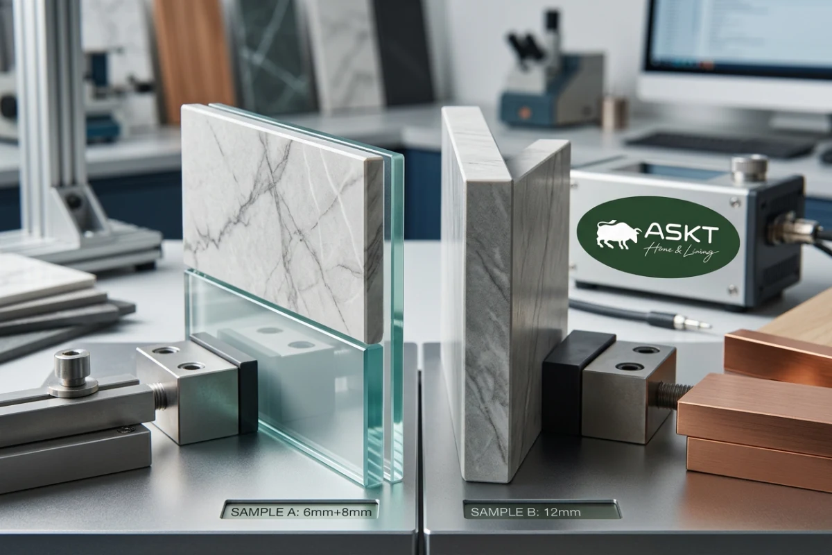 Cross section comparison of 6mm composite sintered stone table top versus 12mm solid slab