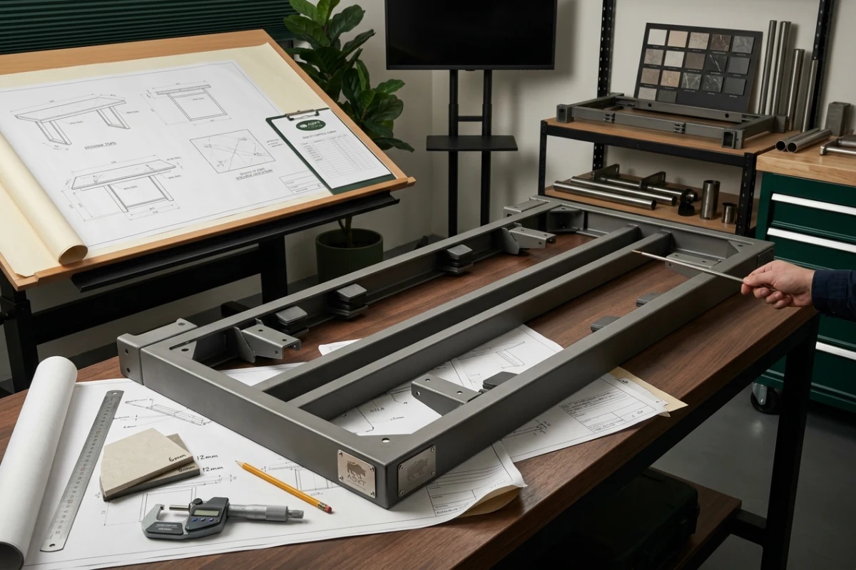 Under-table steel frame and chassis engineering designed for sintered stone table support
