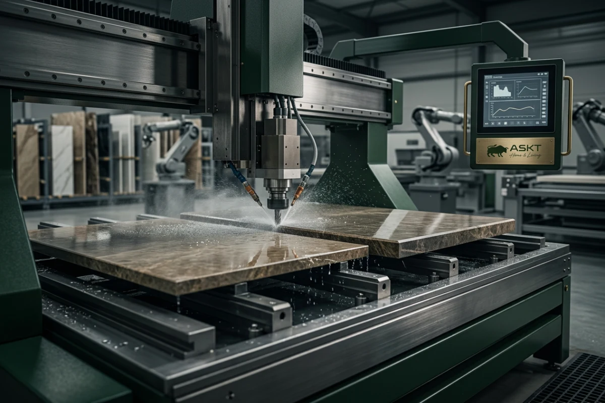 Precision CNC edge polishing and chamfering in sintered stone table manufacturing facility