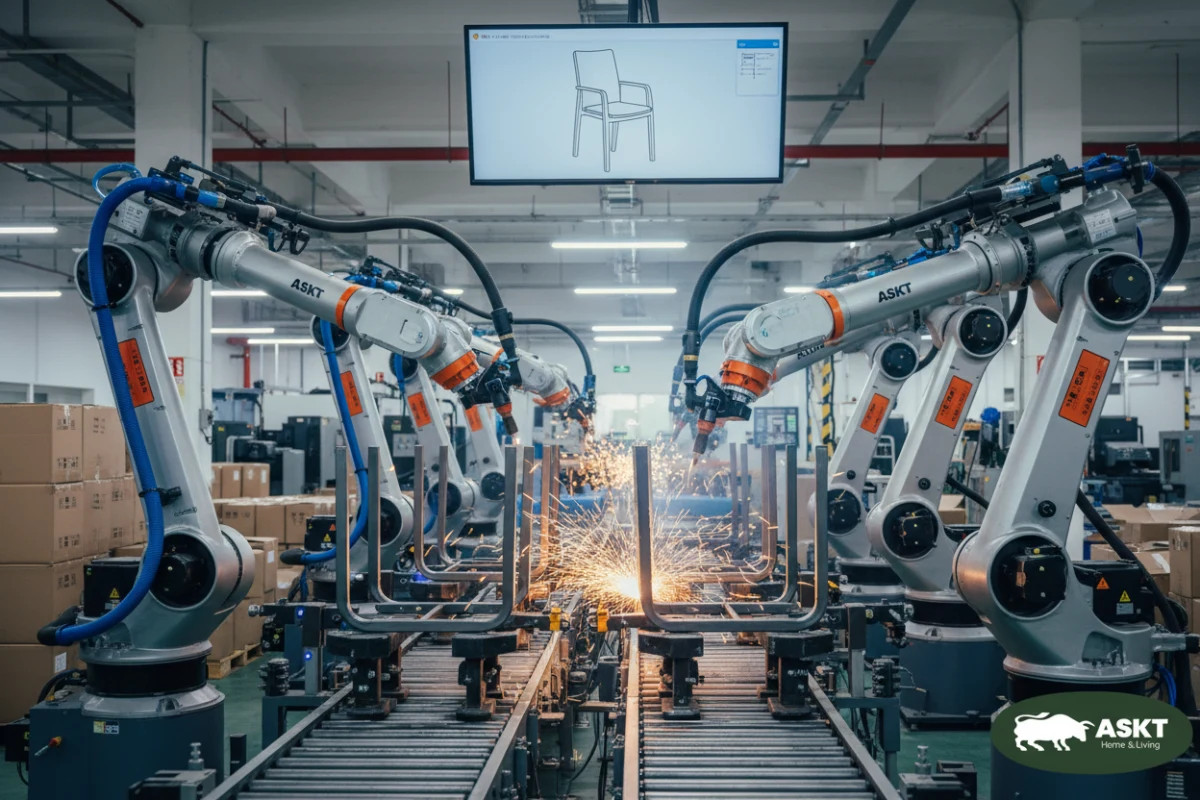 Industrial robotic arm performing precise welding on a dining chair metal frame in an automated factory.