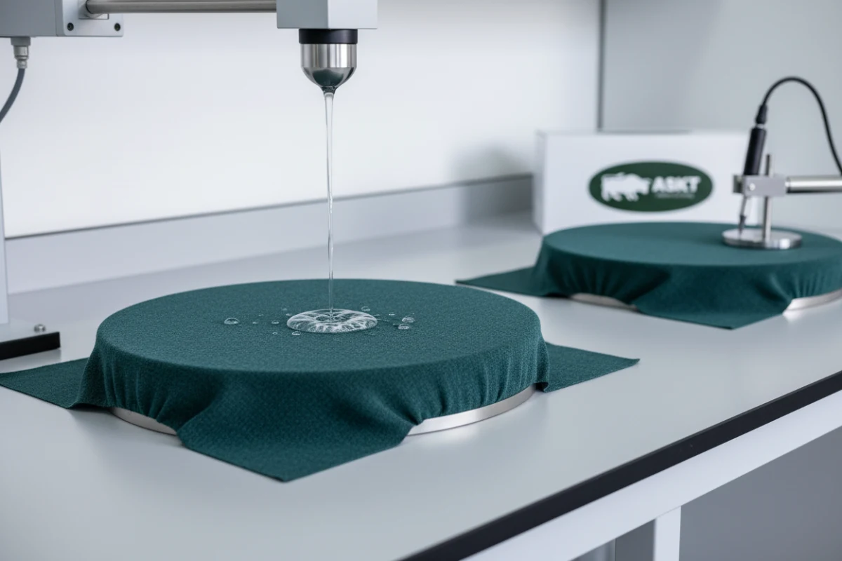 Water droplets pooling on highly hydrophobic ASKT-Tex functional fabric during a quality control check.