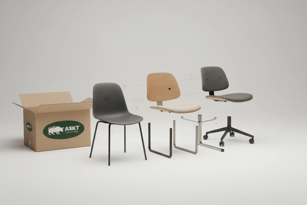 Exploded-view diagram of KINEXA modular dining chairs showing interchangeable seat shells and bases.