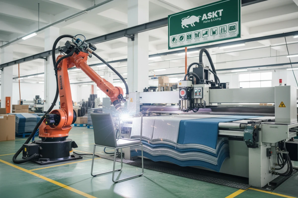 Automated robotic welding arm and CNC fabric cutting machinery inside a clean, modern B2B furniture factory