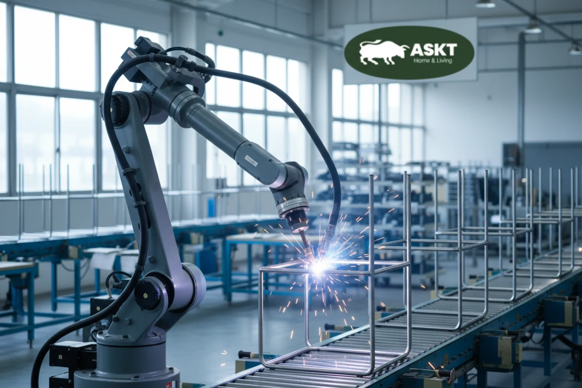 Automatic robotic welding arm fusing a metal frame for a dining chair.