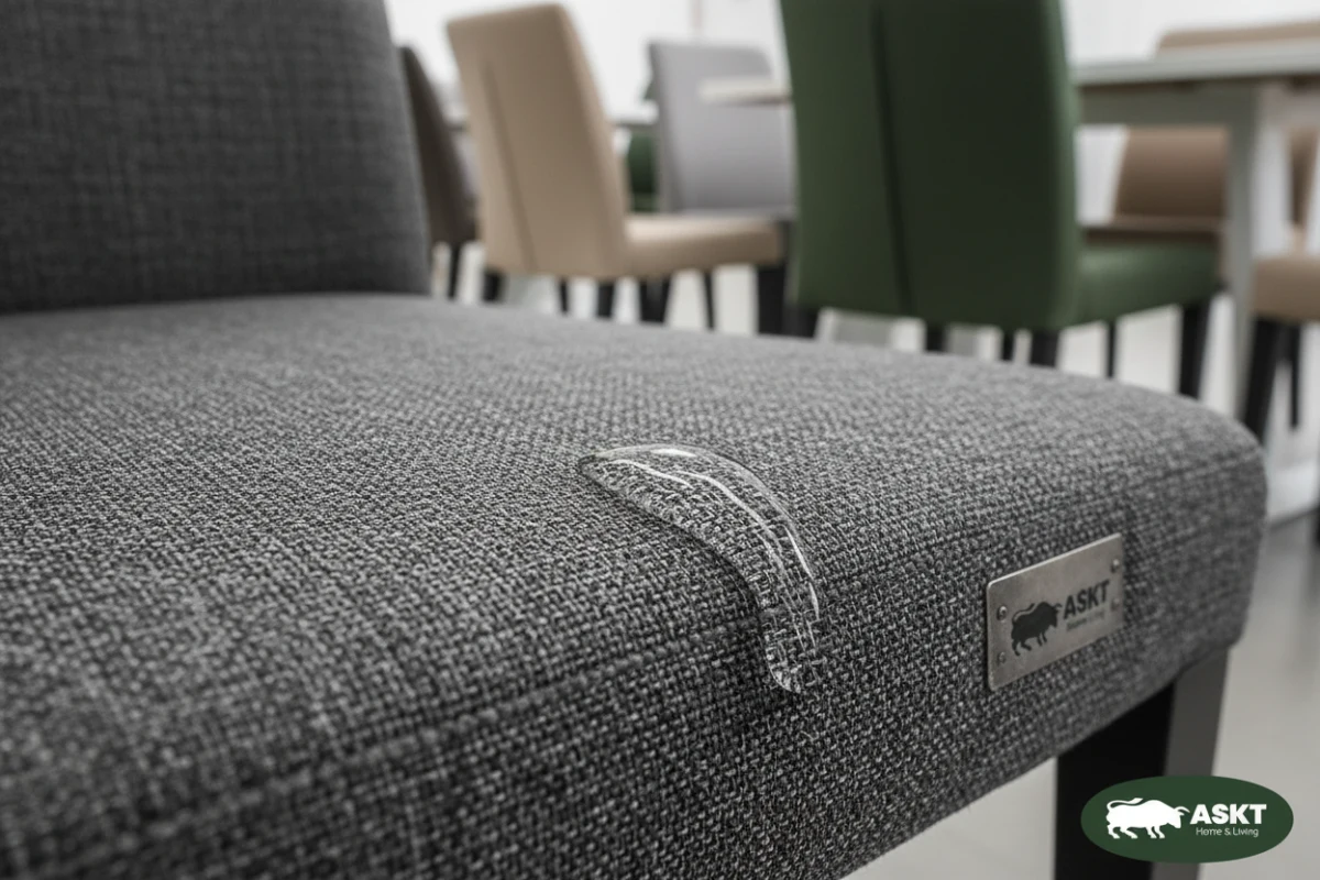 Water droplet rolling off a water-resistant grey upholstered fabric surface.