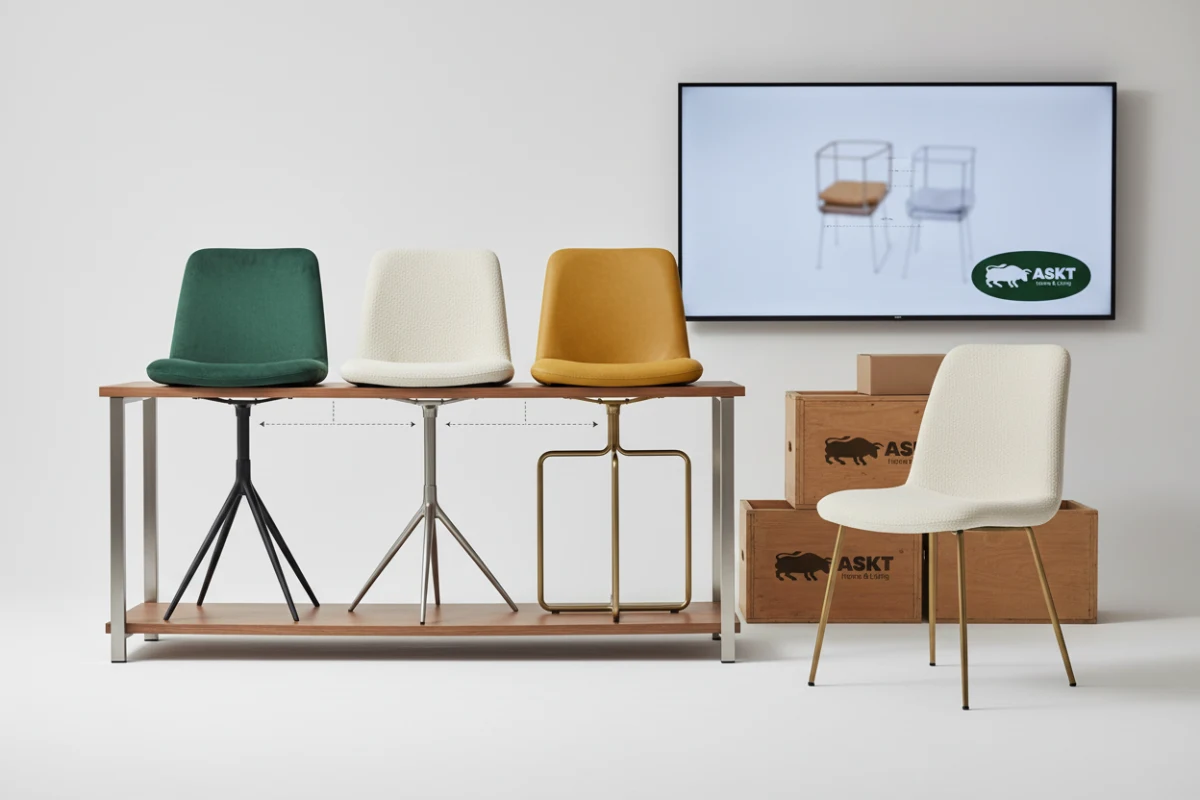Interchangeable seat shells and metal leg bases of a modular dining chair system.