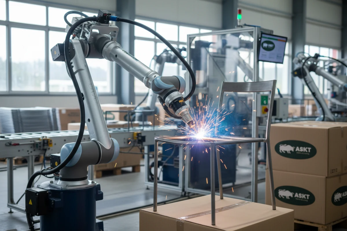 Automatic robotic arm welding a metal frame of a dining chair in a Chinese B2B furniture factory.