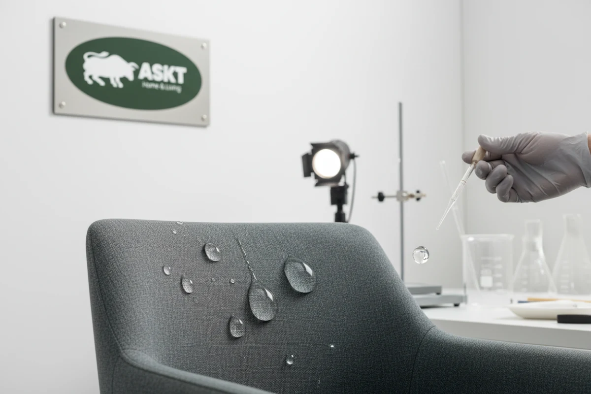 Close-up of water drop beading on hydrophobic stain-resistant ASKT-Tex dining chair fabric.