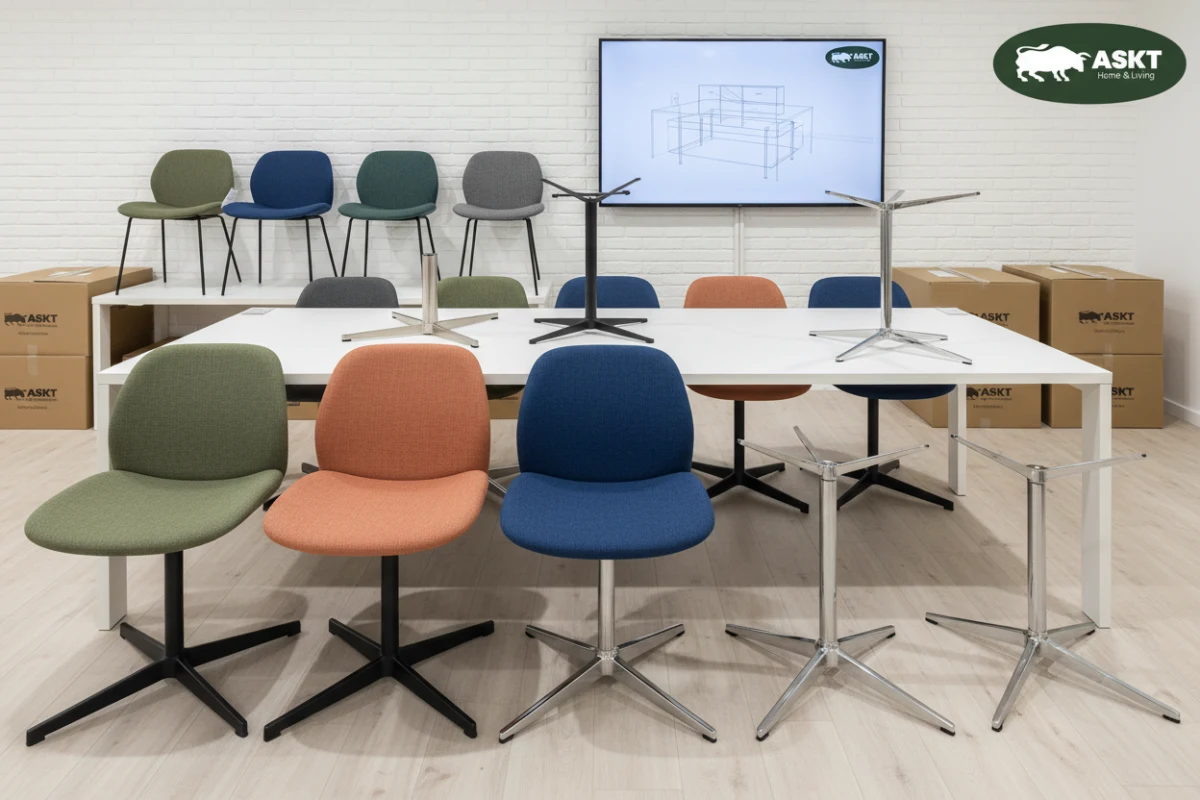 Interchangeable seat shells and metal bases of a modular dining chair system displayed side by side.