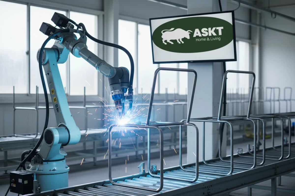 Robotic welding arm assembling a metal chair frame in a modern furniture factory.