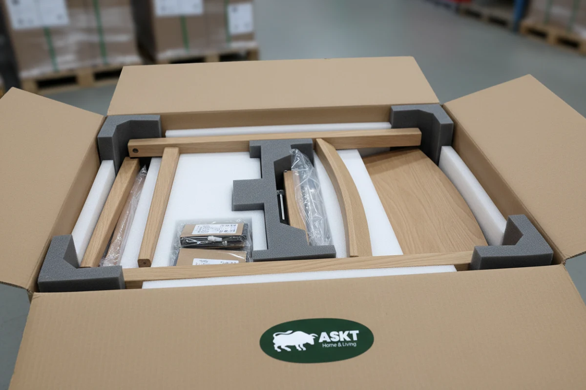 Flat-packed KD dining chair in a protective corrugated carton.