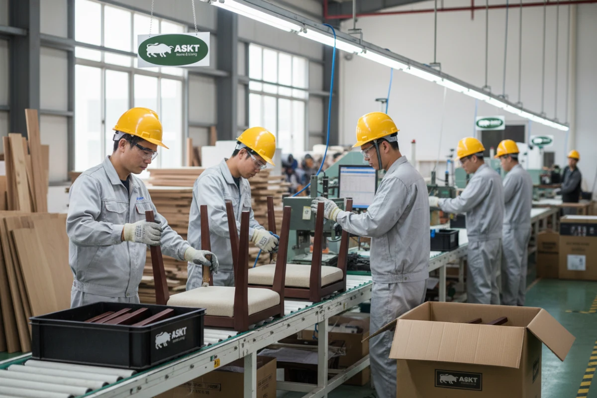 BSCI certified Chinese furniture factory production line with safety gear