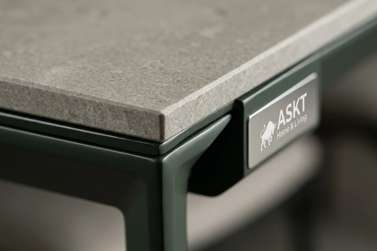 Detail of non-combustible sintered stone dining tabletop and powder-coated steel frame connection.