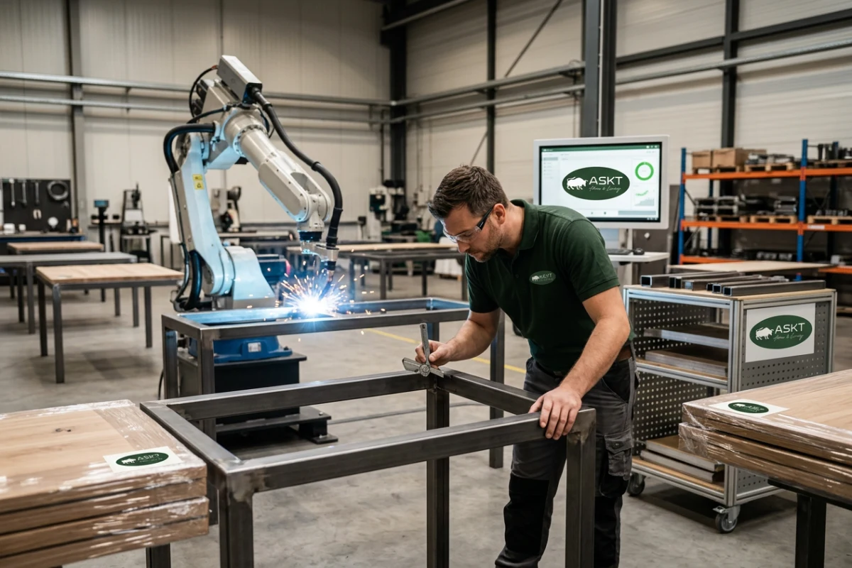 Automated robotic welding and quality inspection during commercial dining table frame production.