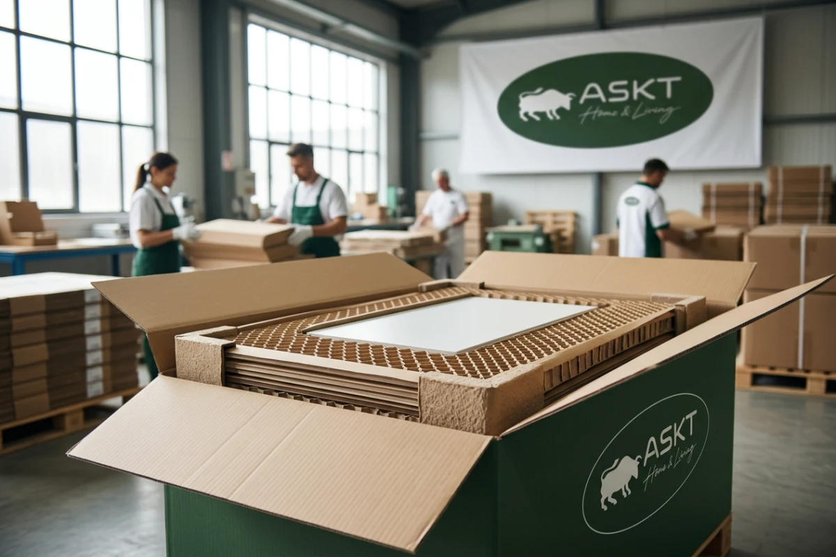 Sustainable honeycomb paper packaging protecting a flat-packed contract dining table for container export.