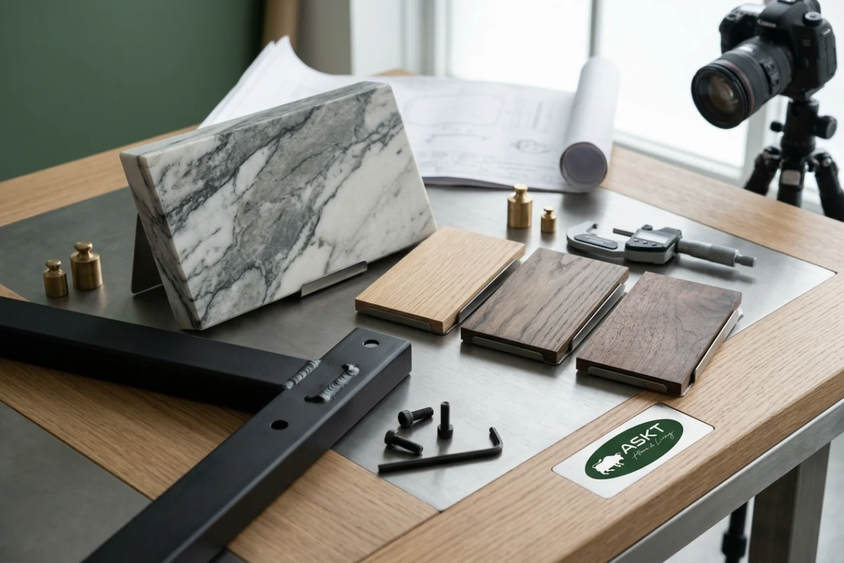 Close-up of dining table OEM materials showing sintered stone, oak veneer, and powder-coated steel