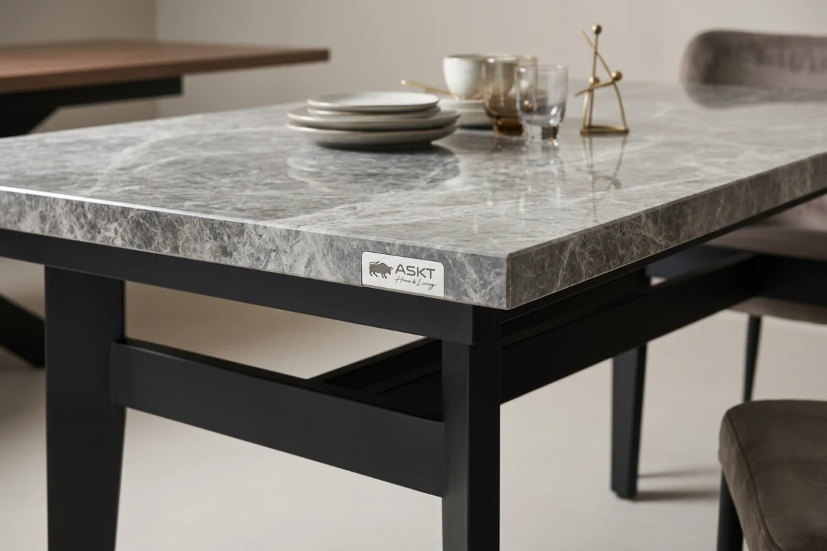 Sintered stone dining table sourcing showcasing scratch-resistant matte top and powder-coated metal legs.