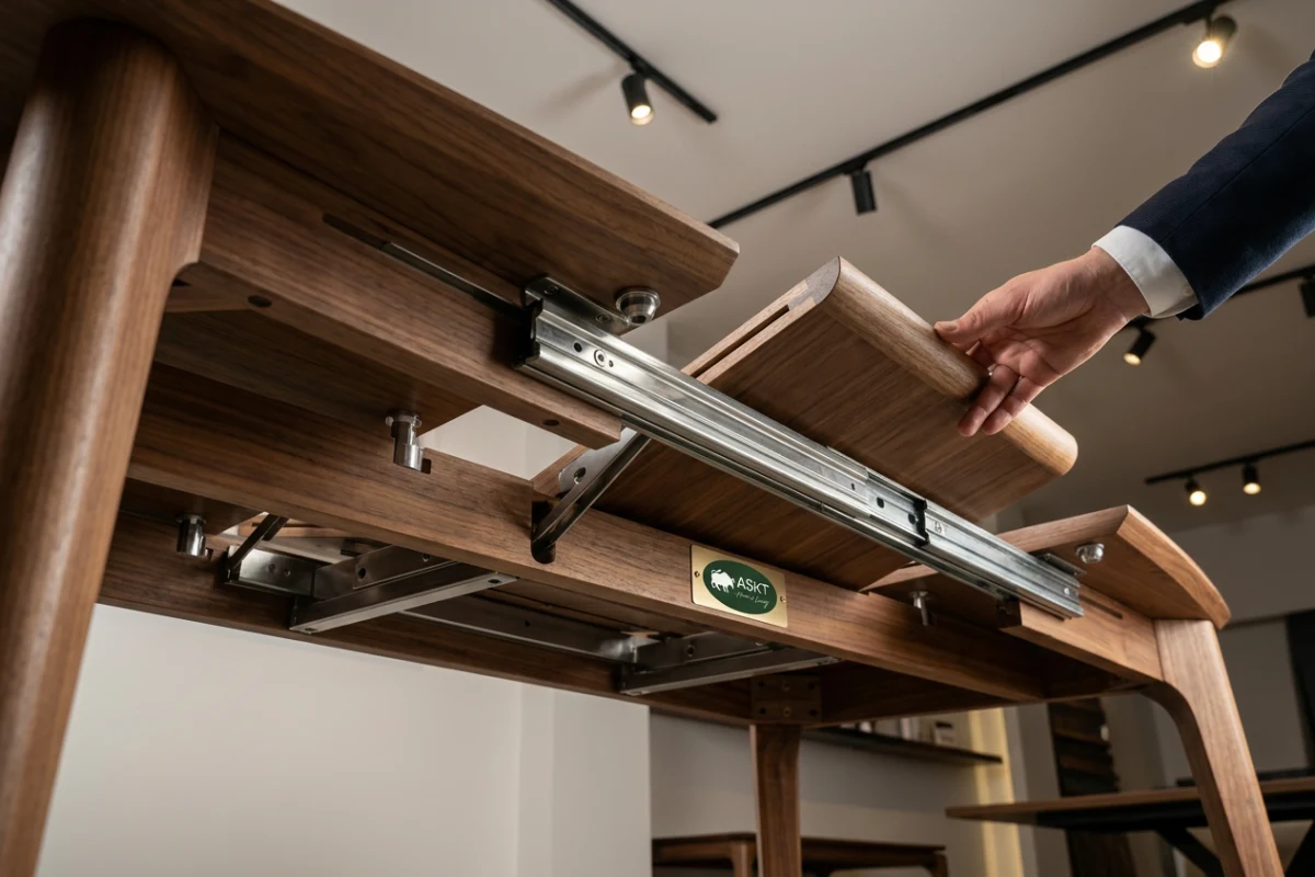 Dining table extension mechanism engineered for European apartment floorplans.
