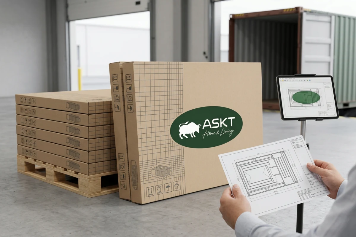 Optimised KD dining table packaging ready for European container shipping and retail logistics.