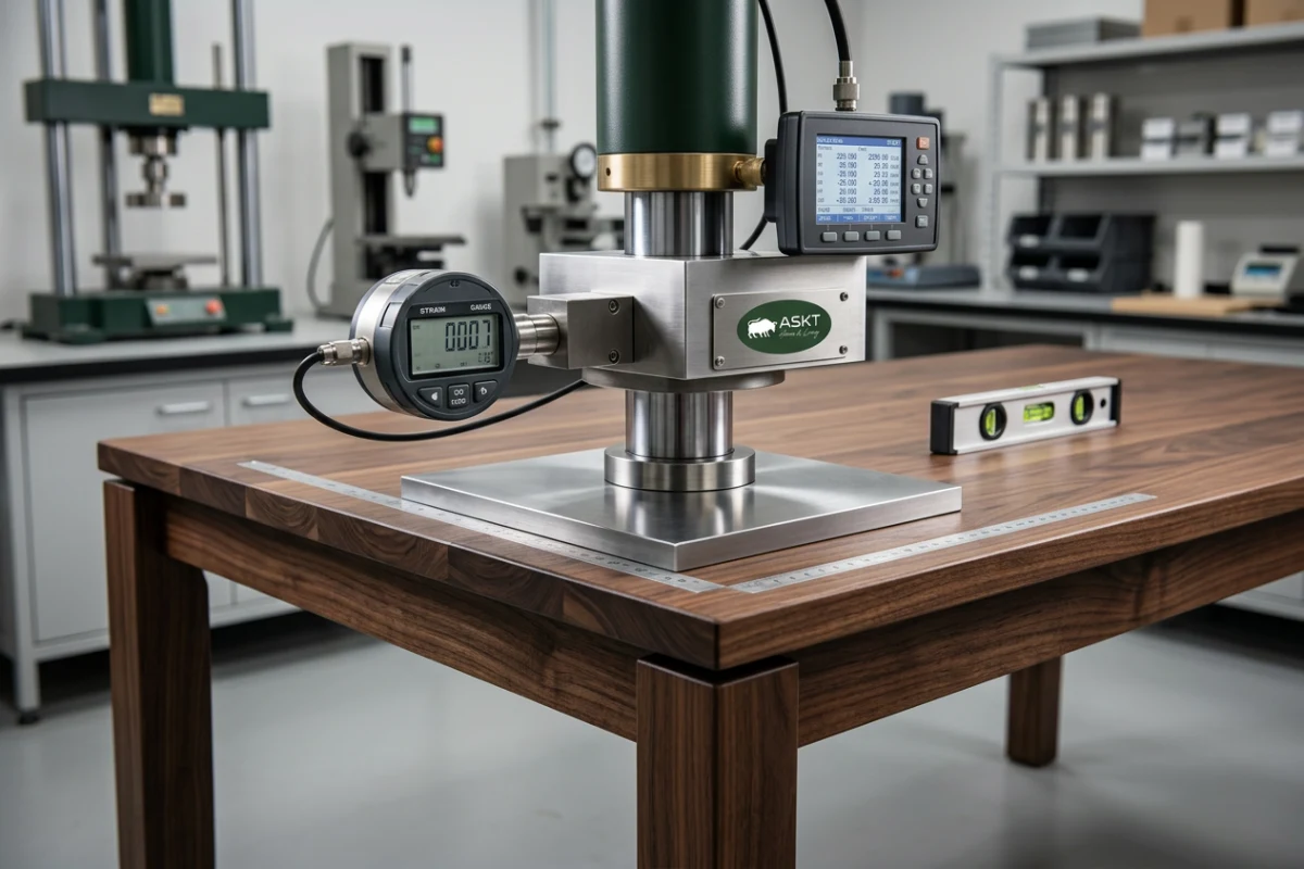 Furniture load bearing and stability testing showing hydraulic actuator applying edge load to a dining table.