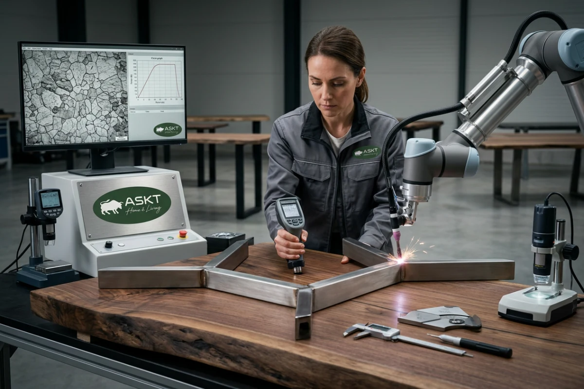 Tabletop strength and impact inspection on a contemporary dining table surface and metal frame.