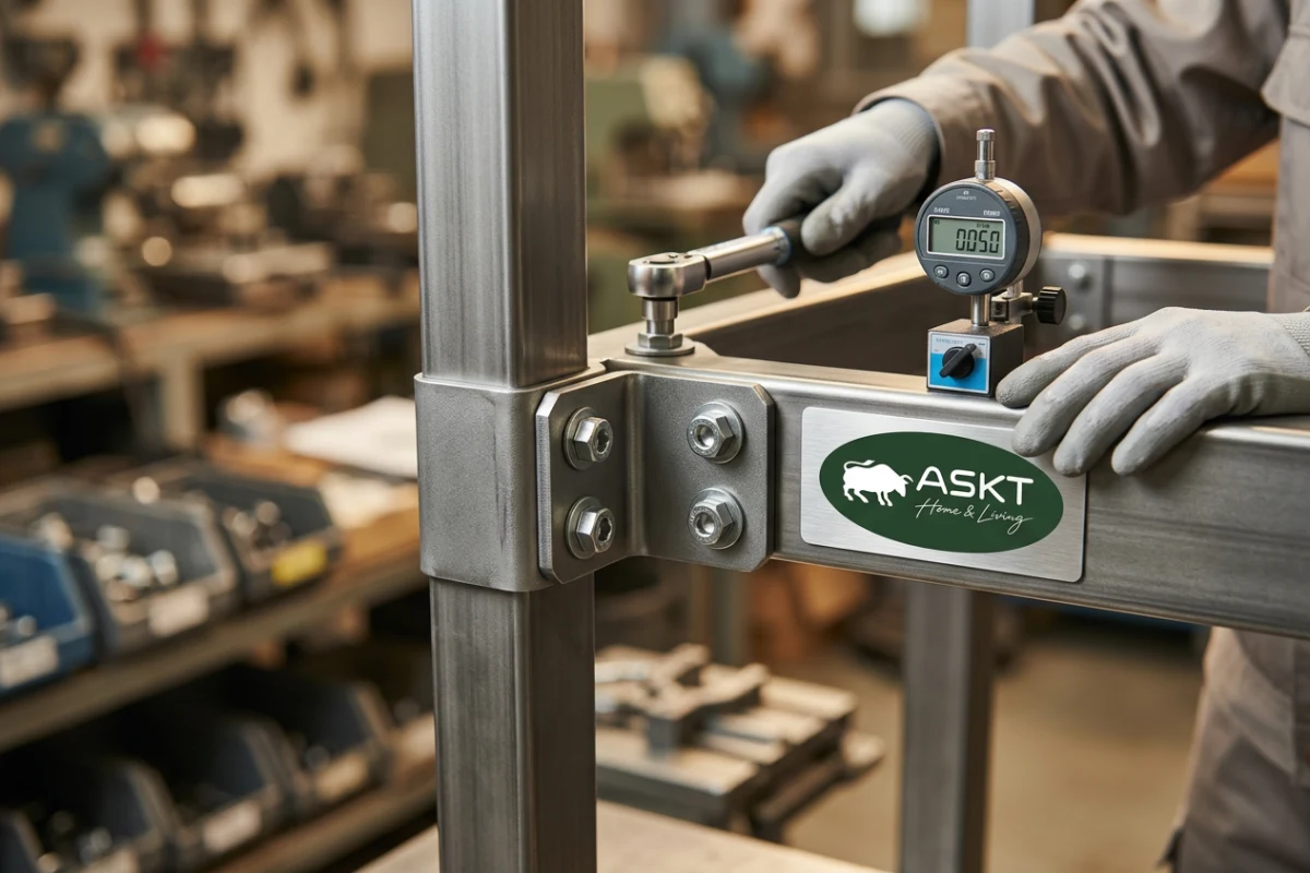 Heavy-duty steel corner gusset bracket on a knock-down dining table subframe.