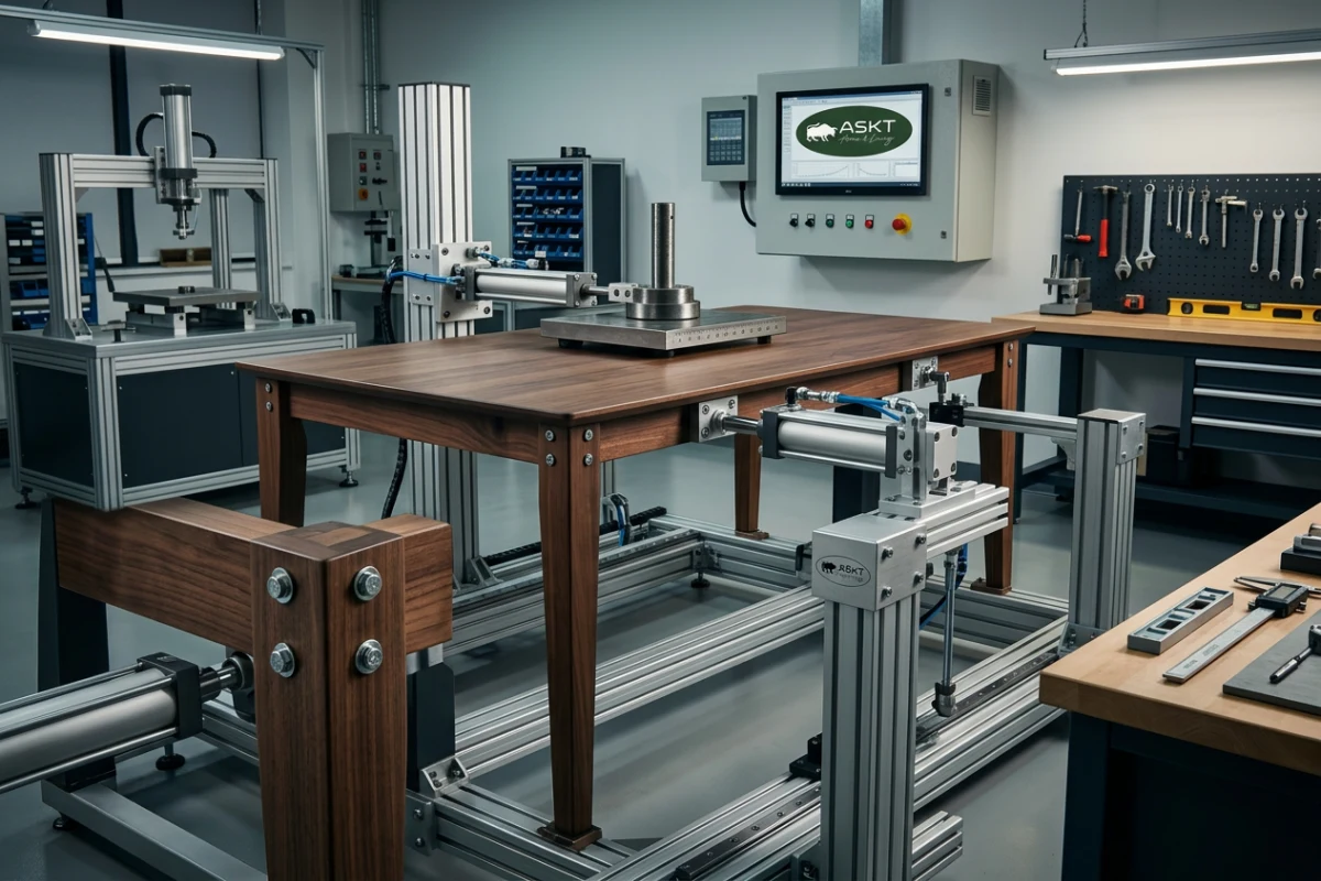 Automated table stability testing rig performing horizontal static load test.