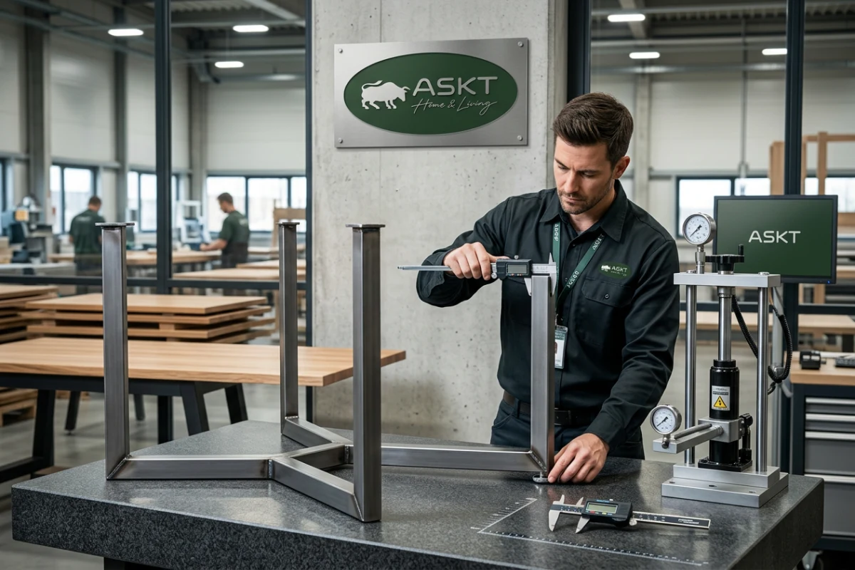 Quality control inspector measuring table frame wall gauge and base coplanarity on a factory line.