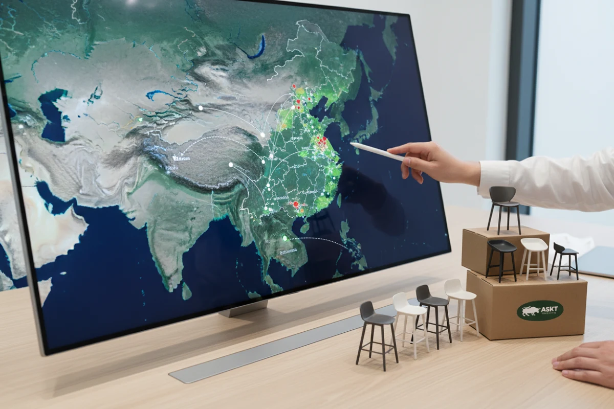 Map highlighting key regional clusters for bar stool and dining chair production in China
