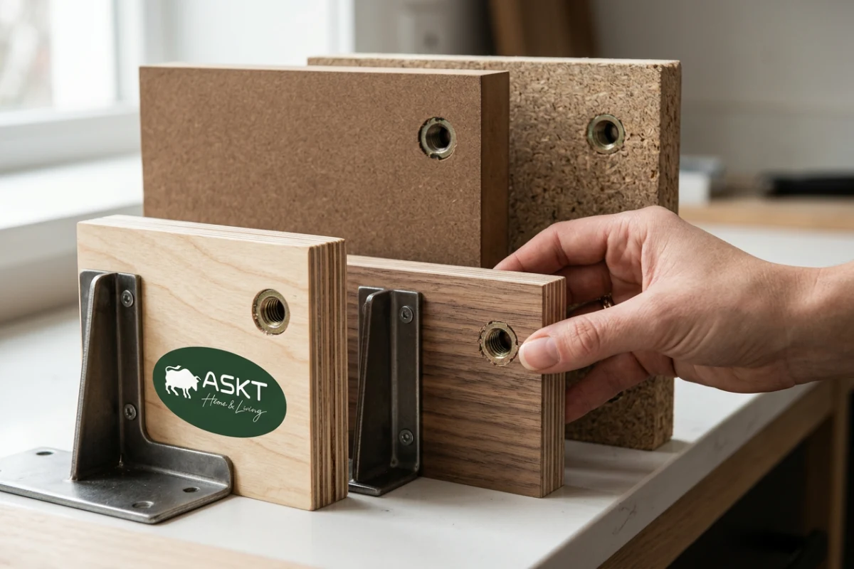 Fastener retention and hardware anchoring in engineered wood tabletop cores.
