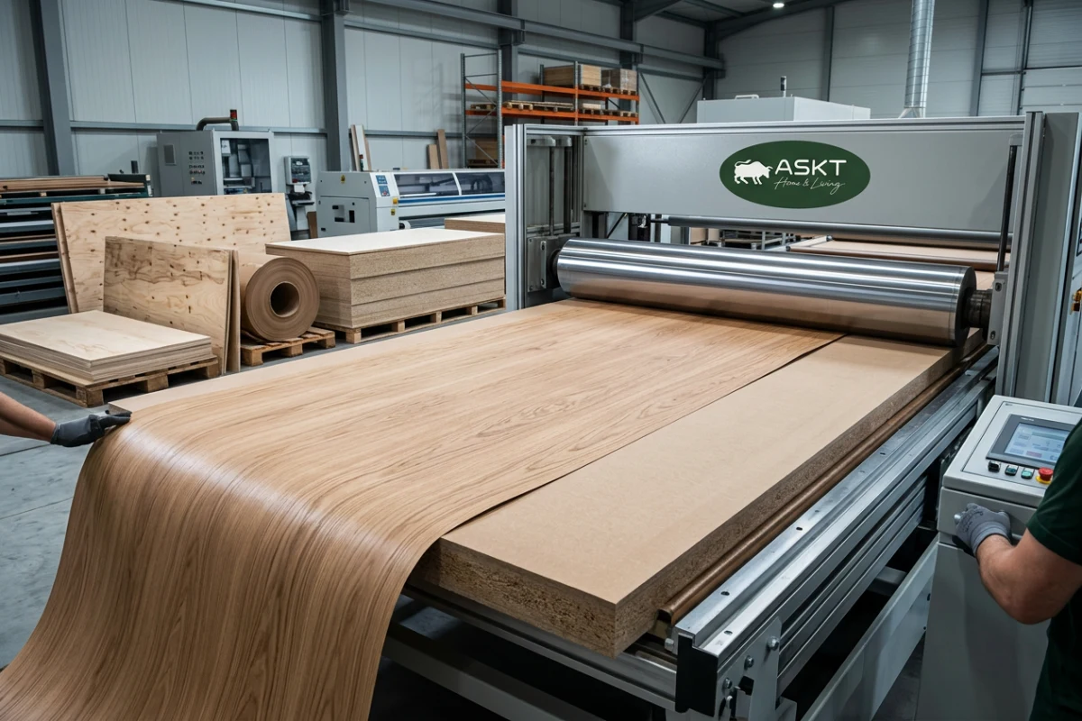 Real oak veneer applied onto an MDF tabletop substrate for modern dining furniture.