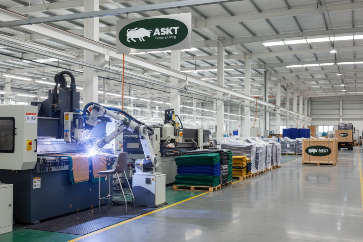 Automated robotic welding and CNC cutting machines inside a B2B furniture factory China