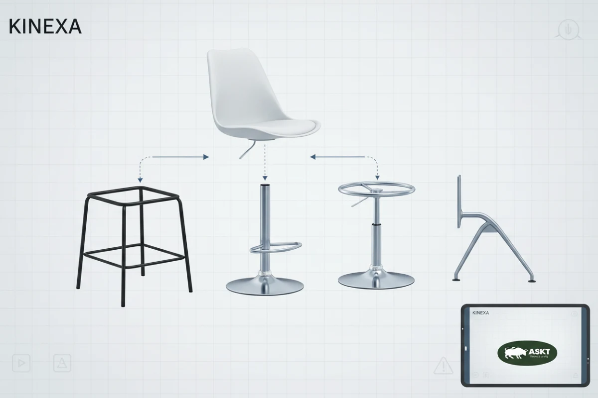 Exploded engineering view of a modular bar chair component system by a custom bar chair manufacturer