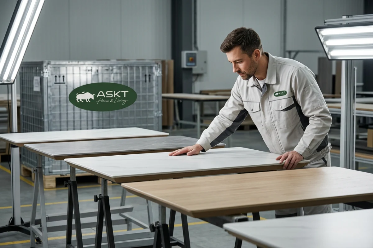 Quality control inspection of tabletop surface finishes in a dining furniture manufacturing facility.