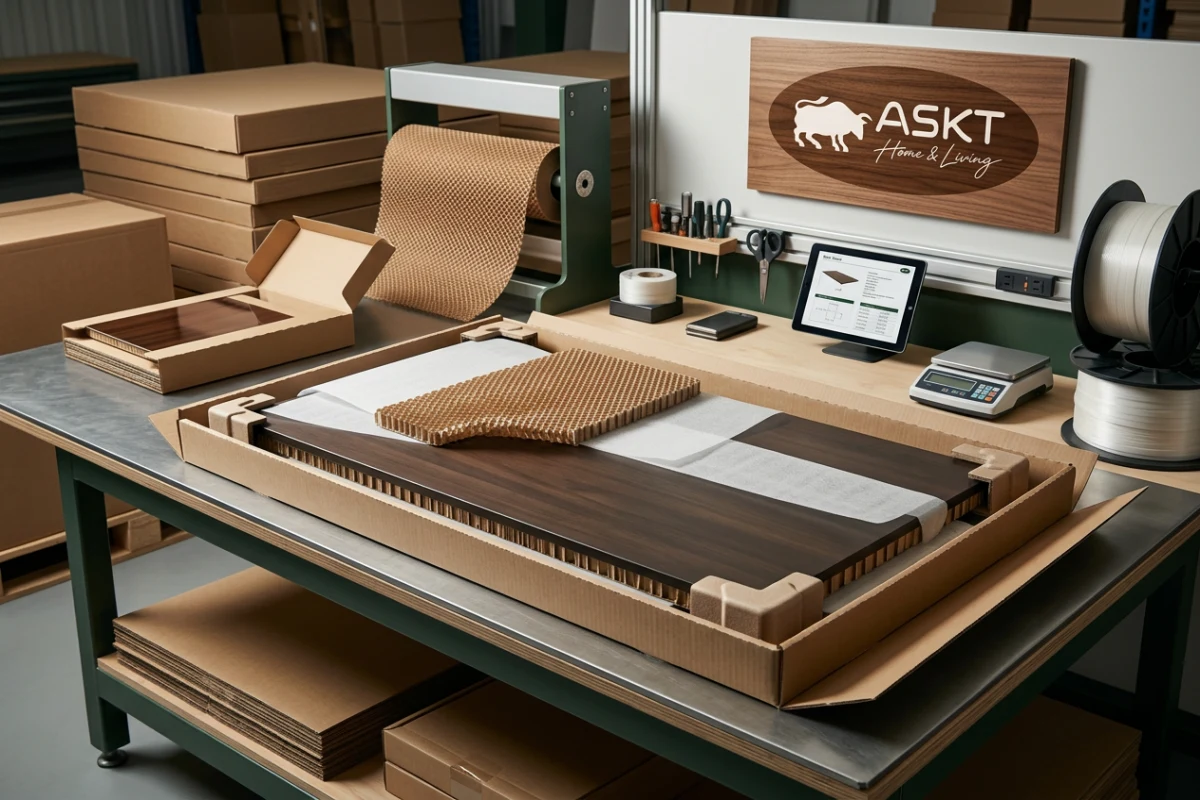 Protective flat-pack packaging with honeycomb paper protection for dining table tops.