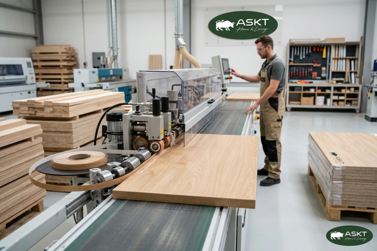 Automated edge banding machine processing dining tabletop perimeters.