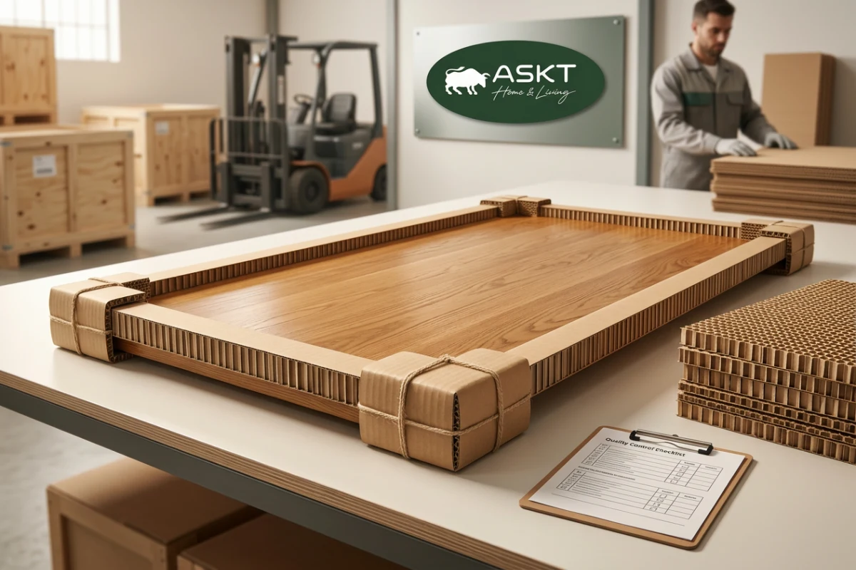 Recyclable cardboard perimeter edge protectors on a flat-packed dining table.