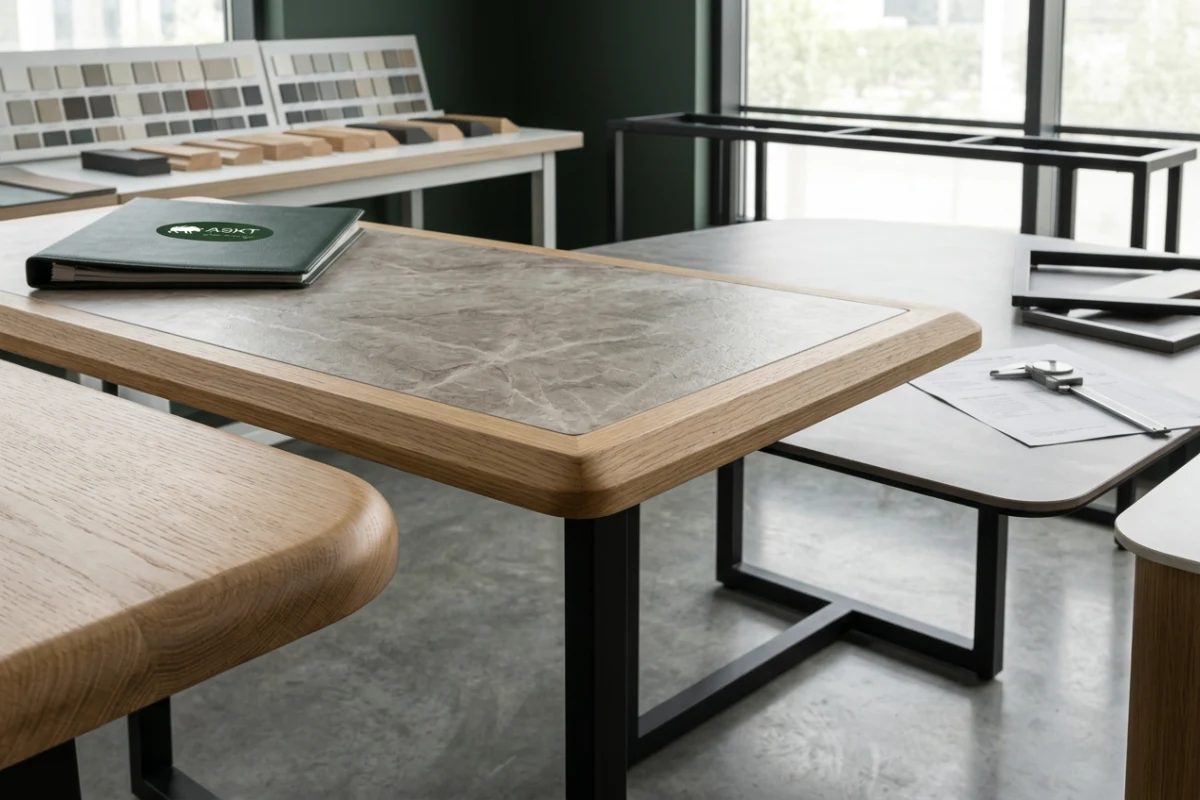 Modern dining tables showcasing precision-crafted tabletop edge profiles.