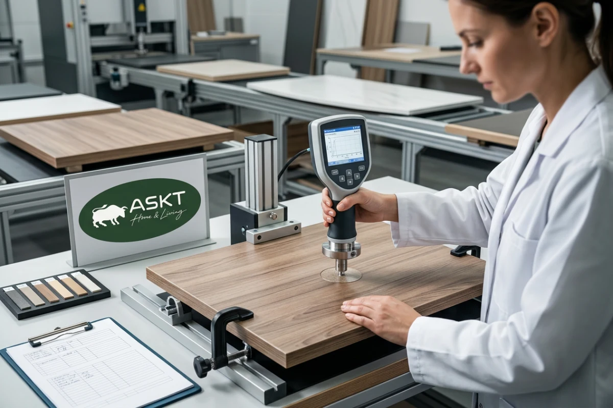 Laminated tabletop durability testing showing surface bond strength verification