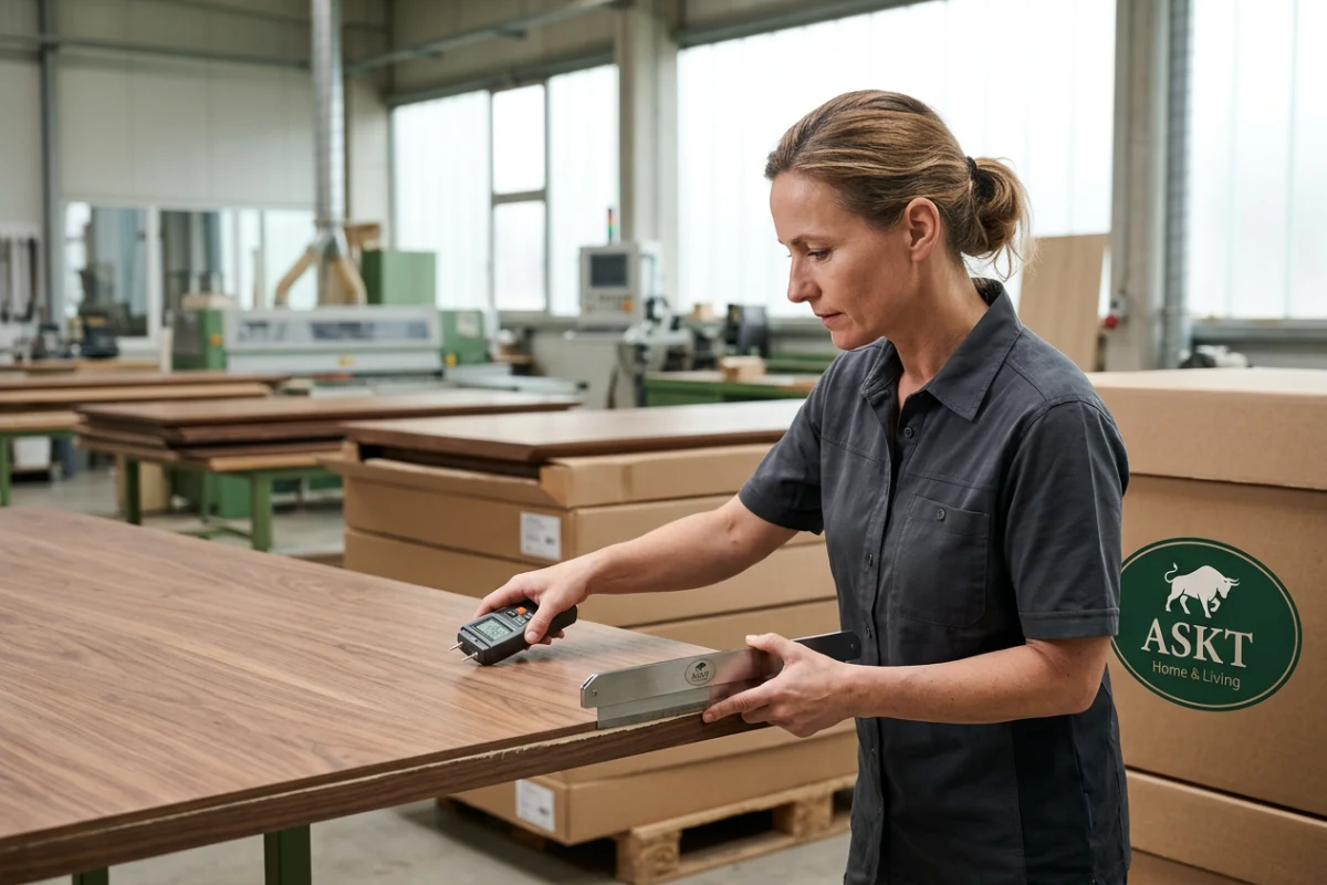 Furniture adhesive quality control inspection checking veneer table surface integrity before export